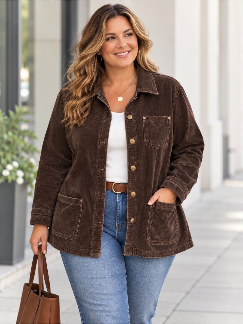 Fashion Bug 1X 16W Brown Corduroy Chore Jacket Stretch Utility Y2K 90s
